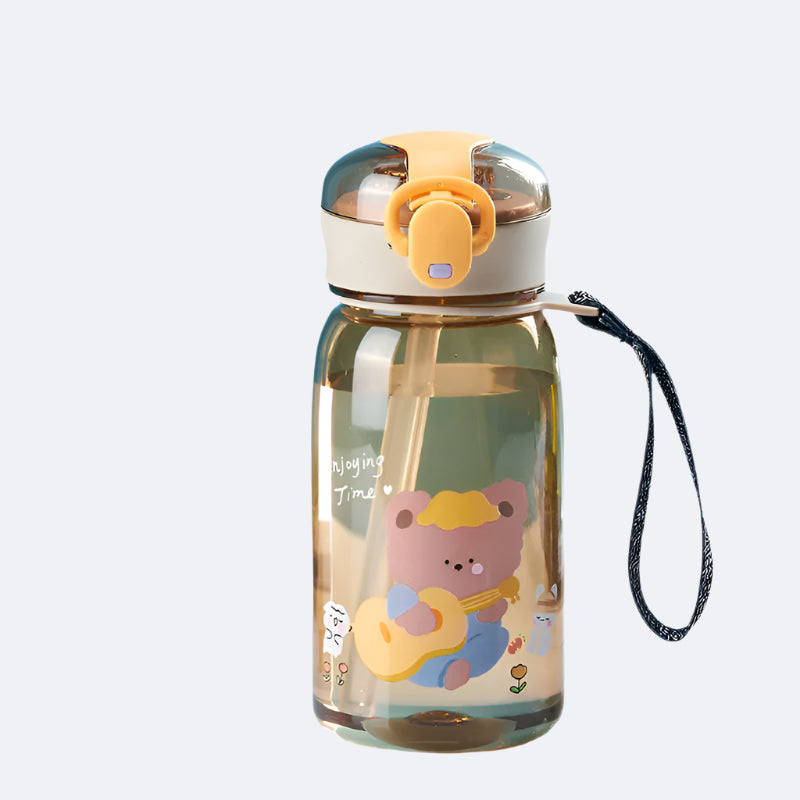 A blue plastic water bottle for kids with a cartoon bear design, featuring a soft PP straw, a durable PC body, and a red carry rope.