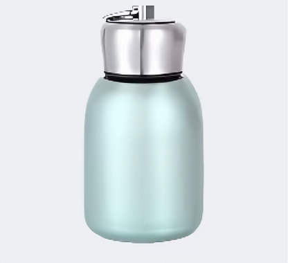 A sleek green stainless steel thermos with a compact design.
