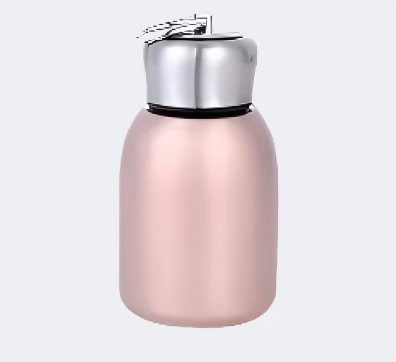 A sleek pink stainless steel thermos with a compact design.