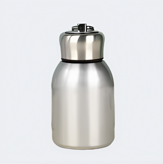 A sleek silver stainless steel thermos with a compact design.