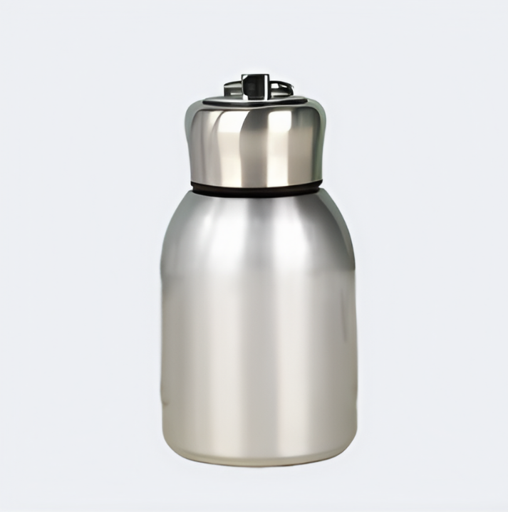 A sleek silver stainless steel thermos with a compact design.