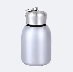 A silver stainless steel thermos with a silver cap.