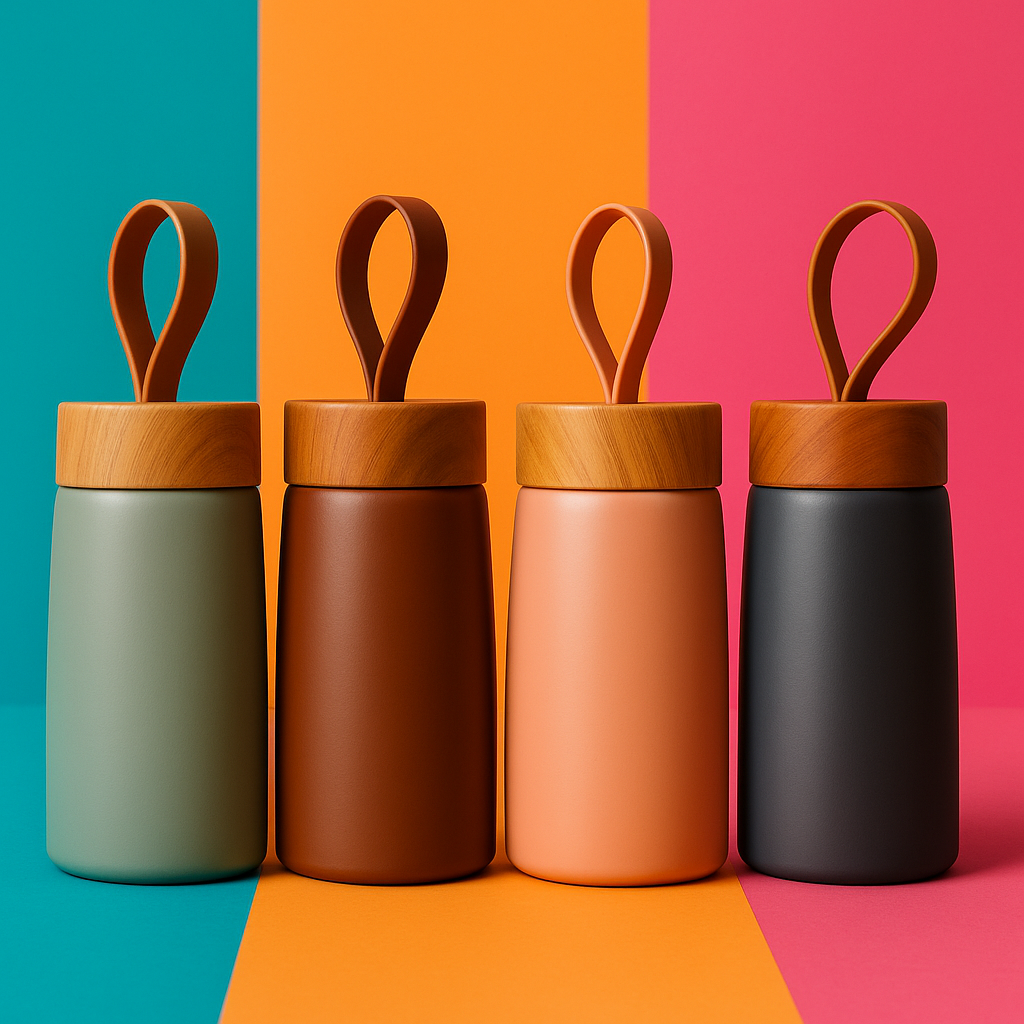Four colorful thermos bottles with wooden lids on a multicolored background