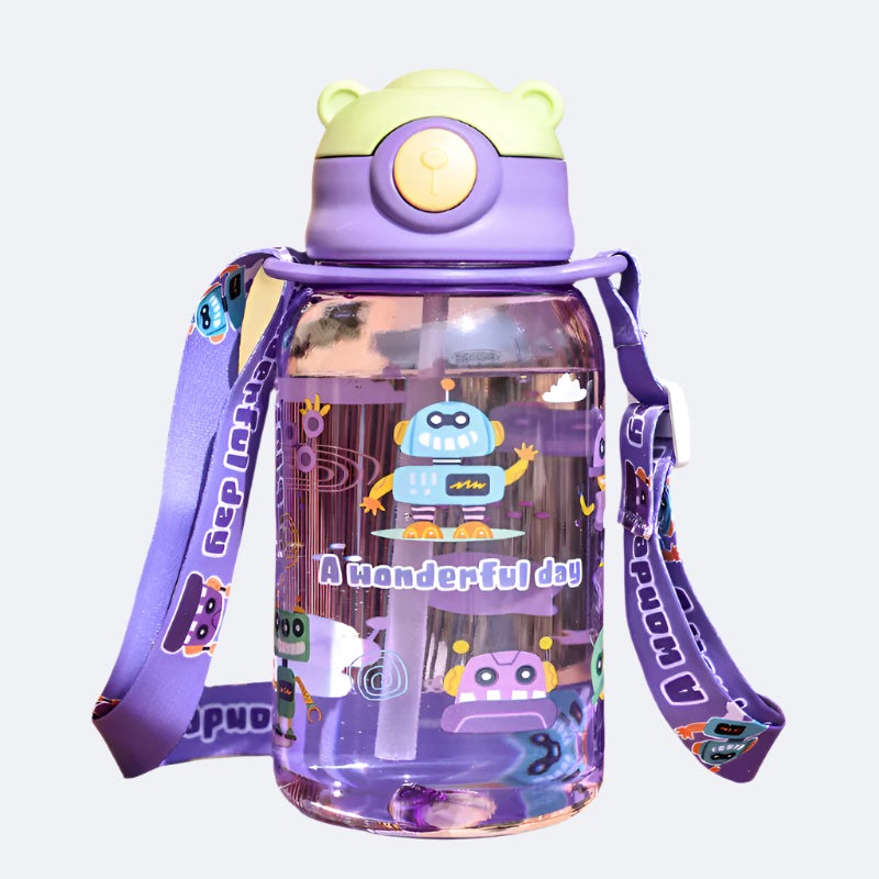 A purple water bottle with a cartoon character design, featuring a soft straw and a carry strap