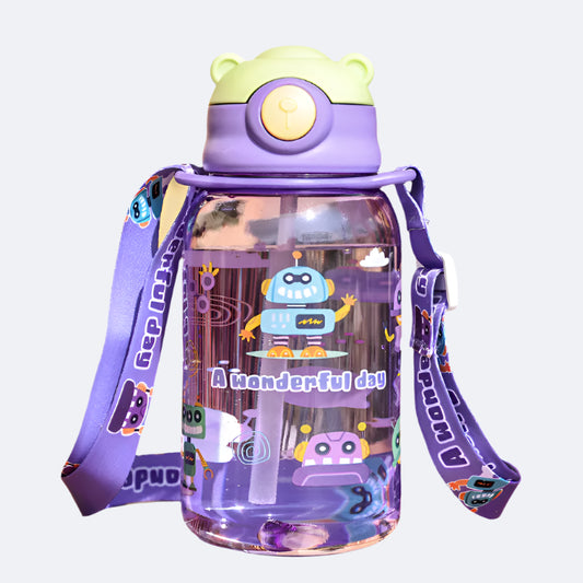 A purple water bottle with a cartoon character design, featuring a soft straw and a carry strap