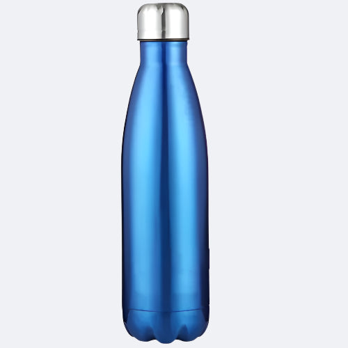 A blue-colored stainless steel water bottle with a cap on top.