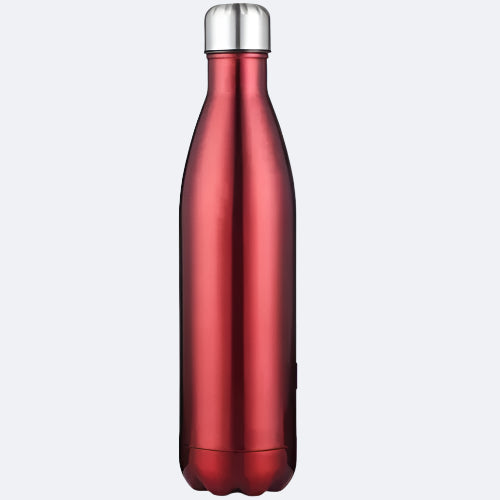 A red-colored stainless steel water bottle with a cap on top.