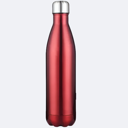 A red-colored stainless steel water bottle with a cap on top.