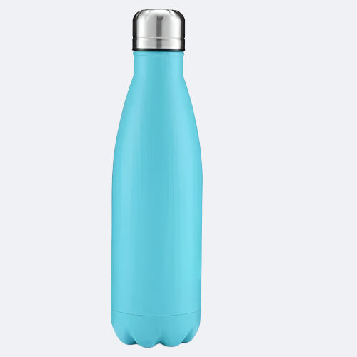 A blue-colored stainless steel water bottle with a cap on top.