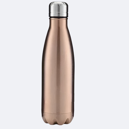A gold-colored stainless steel water bottle with a cap on top.