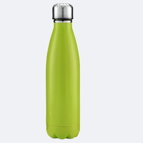 A green-colored stainless steel water bottle with a cap on top.