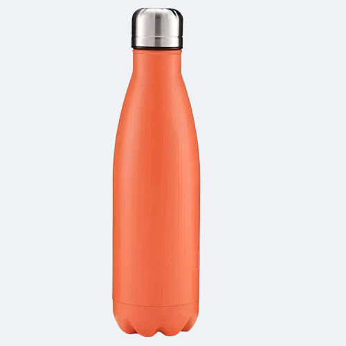 A orange-colored stainless steel water bottle with a cap on top.
